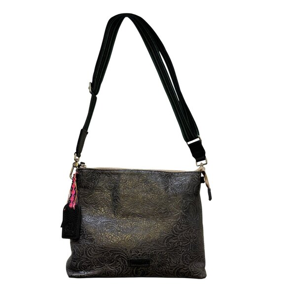 Consuela Black Embossed Crossbody Bag With Adjustable Striped Strap - Picture 5 of 10